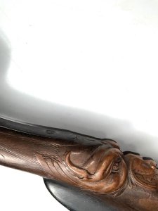 Beautiful carved walnut butt barrels bore 15 gauge length of barrels 79 cm damascus steel actions very good and works perfectly. Has hidden bayonet in butt the head of the wolf carved into butt, consider after small cleaning would be a very desirable gun, or still be a fantastic wall piece. Reference dbss tel: we accept online payments for all our items listed: bank transfer cash on collection or if wishing over the phone using your debit or credit cards, also doing layby payments plan, or email giving your address details & contact number and we shall send you your items invoice to make