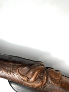 Beautiful carved walnut butt barrels bore 15 gauge length of barrels 79 cm damascus steel actions very good and works perfectly. Has hidden bayonet in butt the head of the wolf carved into butt, consider after small cleaning would be a very desirable gun, or still be a fantastic wall piece. Reference dbss tel: we accept online payments for all our items listed: bank transfer cash on collection or if wishing over the phone using your debit or credit cards, also doing layby payments plan, or email giving your address details & contact number and we shall send you your items invoice to make
