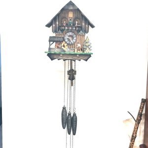 Fantastic clock in perfect condition and working order playing tunes on the half’s and hours, the cuckoo pops out too, the musical folks rotate the water wheel turns and the man strikes the anvil too fantastic quality also has the night turn off switch. Tel: we accept online payments for all our items listed: bank transfer cash on collection or if wishing over the phone using your debit or credit cards, also doing layby payments plan, or email giving your address details & contact number and we shall send you your items invoice to make reference dbss