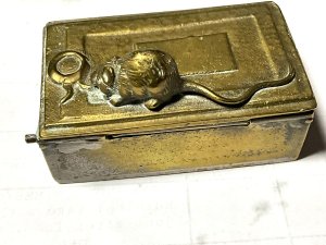 Gold plate fading and missing in places small table tops vesta box when smoking was the norm, box has the strike on bottoms plate, box could lend itself to many uses, sizes are length 6cm depth 3.5cm height to top of mouse 3.5cm, reference drc2 tel: we accept online payments for all our items listed: bank transfer cash on collection or if wishing over the phone using your debit or credit cards, also doing layby payments plan, or email giving your address details & contact number and we shall send you your items invoice to make