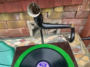 Good working order both drive springs replaced with new ones motor serviced good sized horn new beige wood cleaned and given a polish,