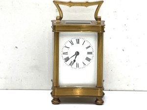 Four glass sided porcelain dial 8 day mechanical movement all in excellent condition and movement in vey good working order, sizes being height to top of extended handle 15cm, length of 84mm depth being 6cm, reference cd. Tel: we accept online payments for all our items listed: bank transfer cash on collection or if wishing over the phone using your debit or credit cards, also doing layby payments plan, or email giving your address details & contact number and we shall send you your items invoice to make