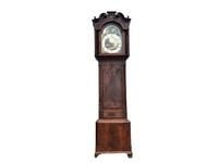 Quality clock in good working order, flame mahogany cased with inlays some of which needs replacing as missing, circa 1760's having an eight day duration, the movements in very good working condion, painted dial moon which needs some touching in and ship 24 hours rotates, the clock stands 235cm width at widest 85cm depth at deepest 30cm,