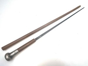Malacca stick with silver top length of 93 cm diameter of the silver tops 4 cm and hallmarked for london 1919. Sticks diameter from tops 22 mm tapering down to ferule 18 mm. The double edged high tension blades length from tip to top of handles 83 cm, reference lp1 tel: we accept online payments for all our items listed: bank transfer cash on collection or if wishing over the phone using your debit or credit cards, also doing layby payments plan, or email giving your address details & contact number and we shall send you your items invoice to make
