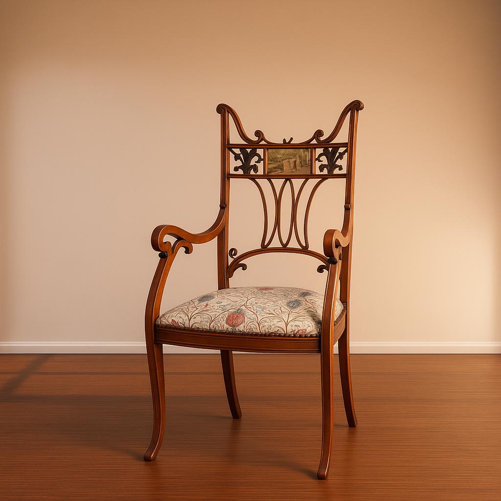 Discover our rare Jugendstil mahogany chair, boasting 19-20th century design and inlaid detail. Feel history with our period fabric upholstery. Shop now!