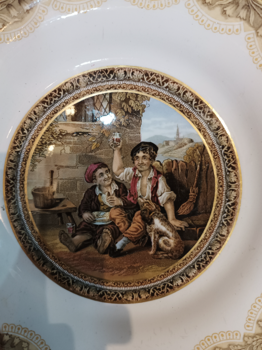 Explore our collection of 19th century Prattware plates. Stunning design featuring 2 celebrating boys. Sized at 21.5 cm. Order now and invest in history!