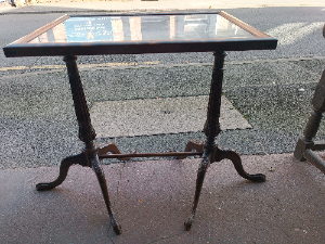 Discover beautiful carved mahogany occasional tables with tapestry inset tilt-tops. Elegant fluted tripod supports provide a sturdy base. Perfectly sized at 60cm x 45cm x 64cm. In excellent condition. Shop now to add a classic touch to your space.