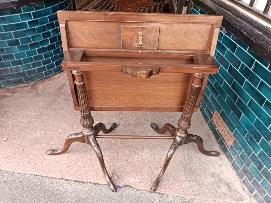 Discover beautiful carved mahogany occasional tables with tapestry inset tilt-tops. Elegant fluted tripod supports provide a sturdy base. Perfectly sized at 60cm x 45cm x 64cm. In excellent condition. Shop now to add a classic touch to your space.