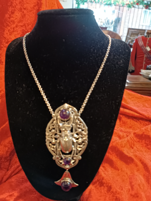 A Large Silver Necklace Set With 3 Caberchon Cut Amethyst Scarab Beetle Pendant