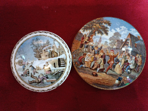 Discover our stunning range of 19th century Prattware pot lids, featuring charming winter village scenes and festive celebrations. Buy now!