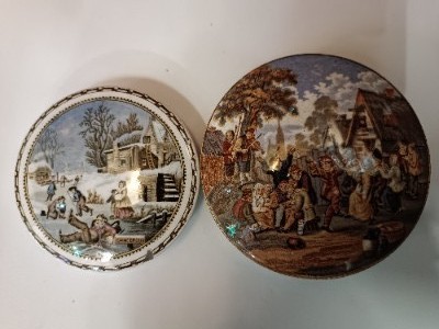 Discover our stunning range of 19th century Prattware pot lids, featuring charming winter village scenes and festive celebrations. Buy now!