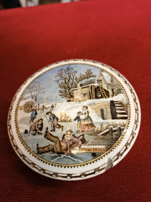 Discover our stunning range of 19th century Prattware pot lids, featuring charming winter village scenes and festive celebrations. Buy now!