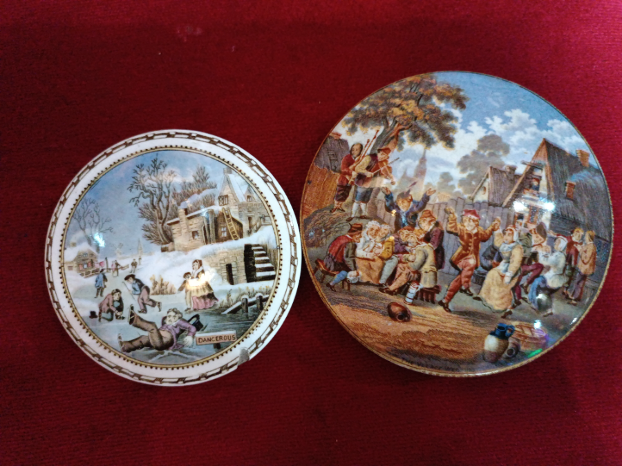 Discover our stunning range of 19th century Prattware pot lids, featuring charming winter village scenes and festive celebrations. Buy now!