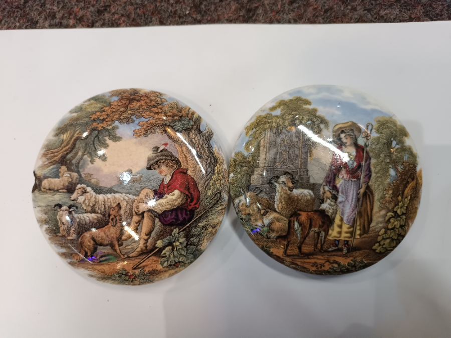 Discover our collection of 19th c Prattware Pot lids, featuring elegant depictions of shepherds and sheep. Explore unique antique lid designs now!