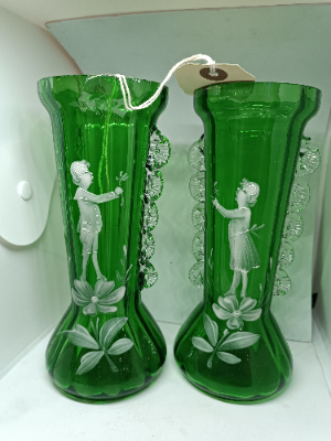 A Pair Of Mary Gregory Green Vases