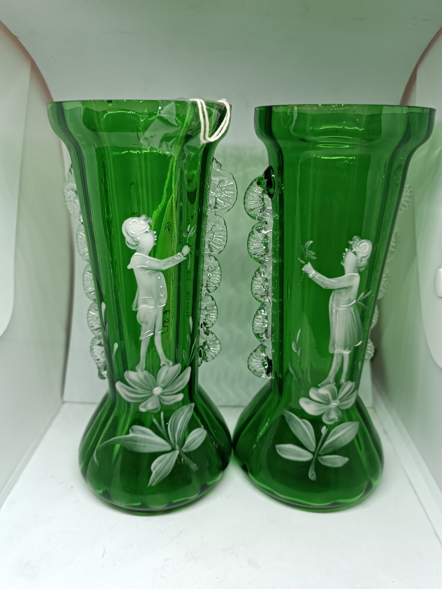 A Pair Of Mary Gregory Green Vases