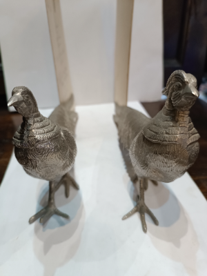 A Pair Of White Metal Pheasant Figures Menu Holder