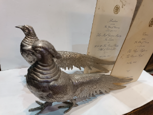 A Pair Of White Metal Pheasant Figures Menu Holder