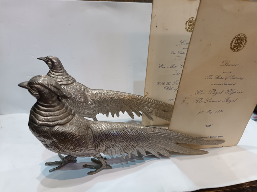 A Pair Of White Metal Pheasant Figures Menu Holder
