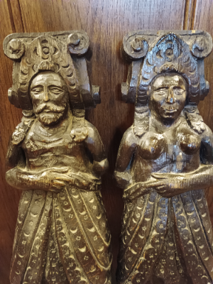 A Pair Of Wooden Furniture/Fireplace Mounts In The Form Of Standing Husband And Wife
