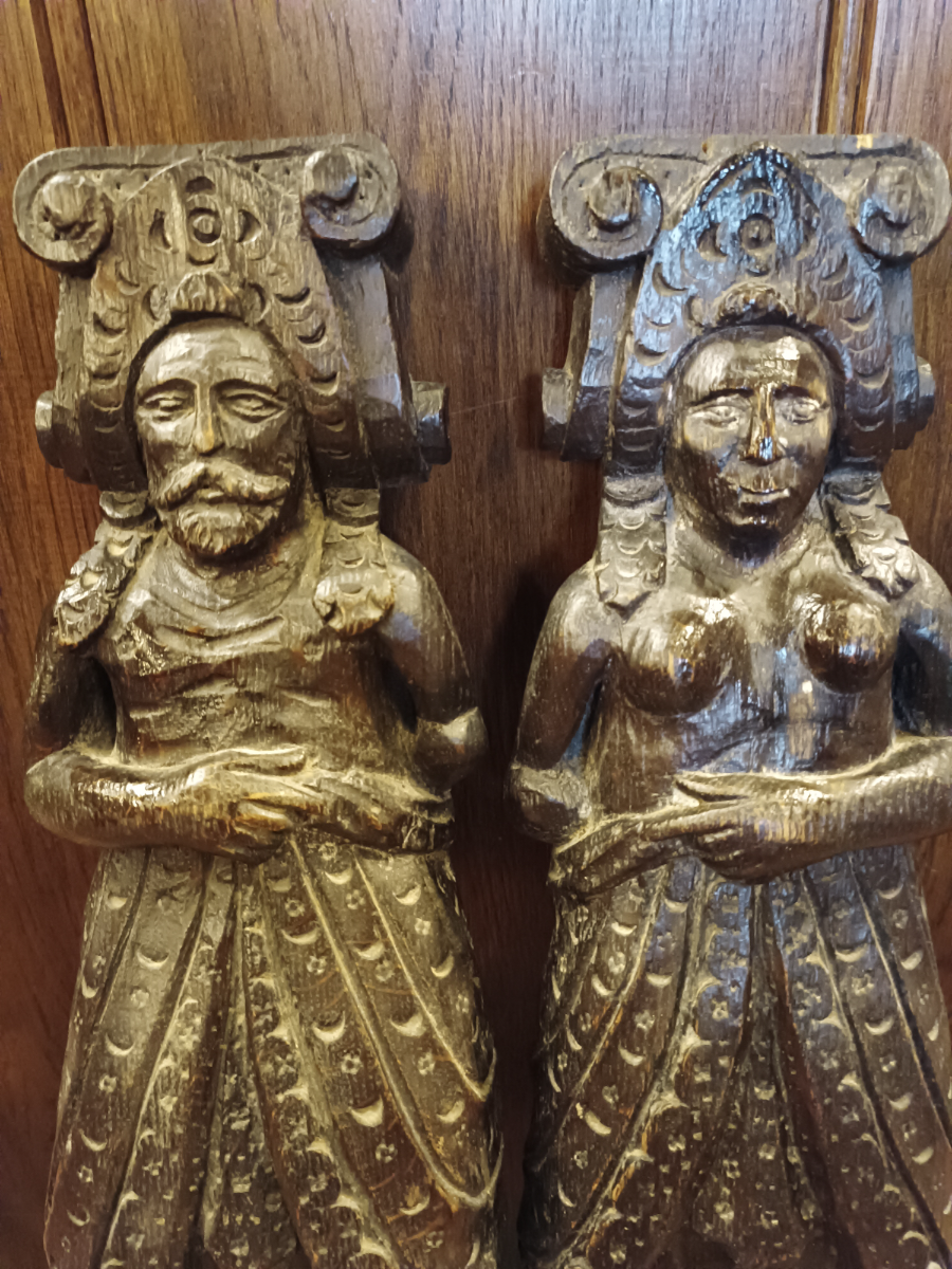A Pair Of Wooden Furniture/Fireplace Mounts In The Form Of Standing Husband And Wife