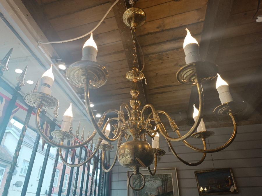 A Solid Brass Eight Branch Ceiling Chandelier