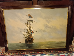 Experience the grandeur of sea voyages with our 20th-century galleon painting by Ambrose. Crafted in oil on canvas, it's a majestic addition to any collection. Explore now!
