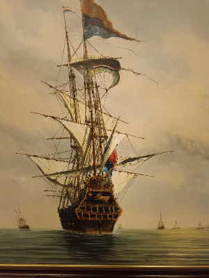 Experience the grandeur of sea voyages with our 20th-century galleon painting by Ambrose. Crafted in oil on canvas, it's a majestic addition to any collection. Explore now!