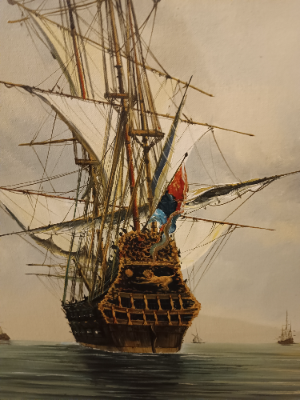 Experience the grandeur of sea voyages with our 20th-century galleon painting by Ambrose. Crafted in oil on canvas, it's a majestic addition to any collection. Explore now!