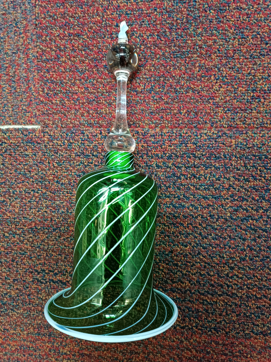 Discover our Victorian Nelsea Bristol green bell. In great condition and uniquely designed with enamel stripes. Shop now for this historical piece!