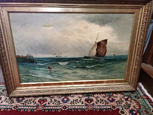A 19th Century Large Oil Painting, " Seascape With Boats"