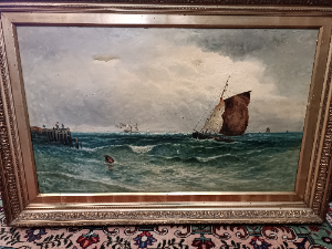 A 19th Century Large Oil Painting, " Seascape With Boats"