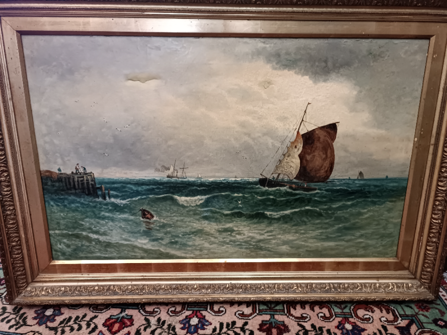 A 19th Century Large Oil Painting, " Seascape With Boats"