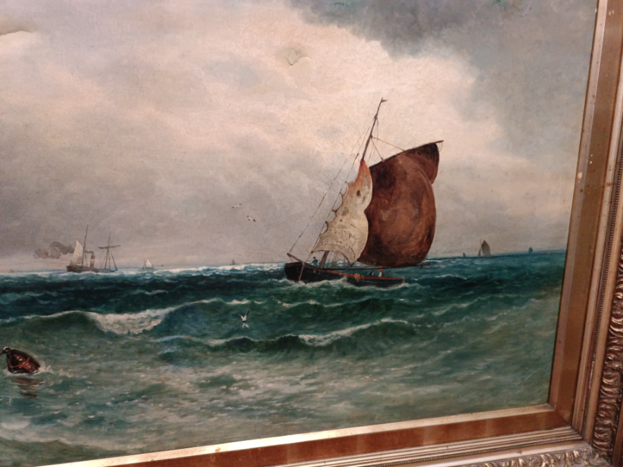 A 19th Century Large Oil Painting, " Seascape With Boats"