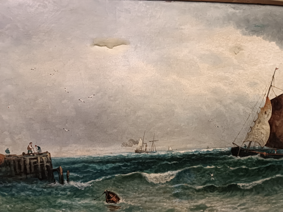 A 19th Century Large Oil Painting, " Seascape With Boats"