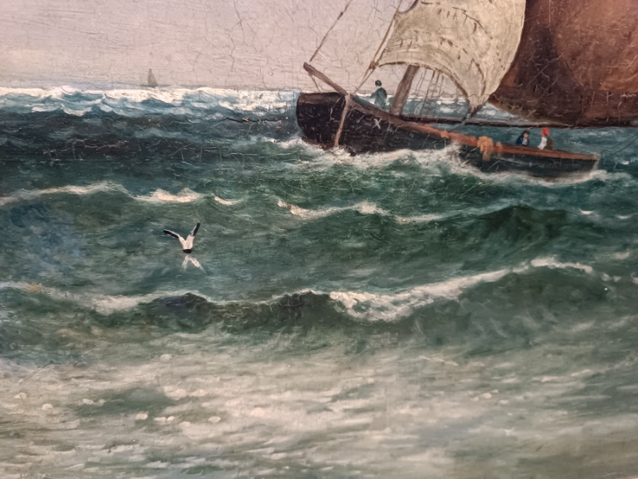 A 19th Century Large Oil Painting, " Seascape With Boats"