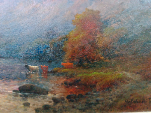 Discover Alfred De Breanski's stunning oil on canvas of 'Cattle watering at sunset'. Experience the charm of Victorian landscape art. Shop now!