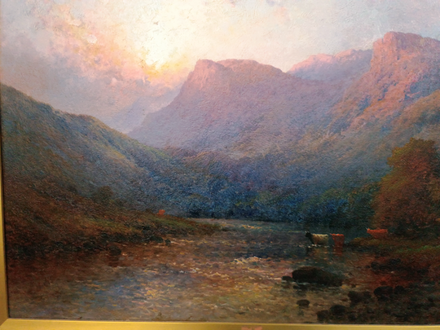 Discover Alfred De Breanski's stunning oil on canvas of 'Cattle watering at sunset'. Experience the charm of Victorian landscape art. Shop now!