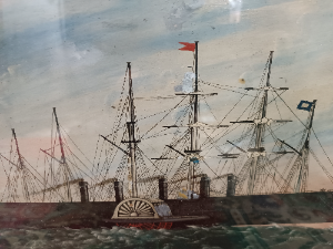 An oil painting of Great Eastern Ship on the metal sheet, framed and glazed, some minor faking of paint. Size without frame 35 cm long x 28 cm wide, with frame 45 cm long x  38 cm wide.