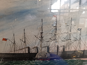 An oil painting of Great Eastern Ship on the metal sheet, framed and glazed, some minor faking of paint. Size without frame 35 cm long x 28 cm wide, with frame 45 cm long x  38 cm wide.