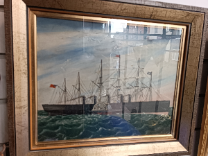An oil painting of Great Eastern Ship on the metal sheet, framed and glazed, some minor faking of paint. Size without frame 35 cm long x 28 cm wide, with frame 45 cm long x  38 cm wide.