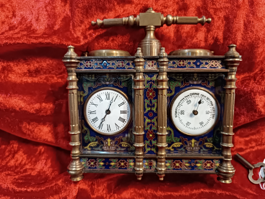 Explore our 1890's French bronze and enamel carriage clock and barometer combo. Features 8-day movement, includes key. Mint condition. Collect yours today!