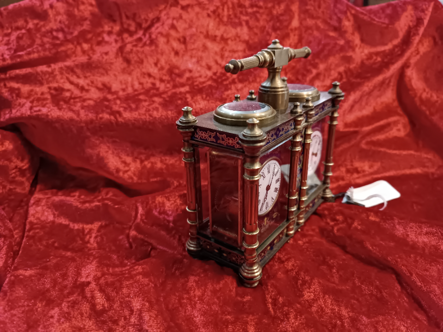 Explore our 1890's French bronze and enamel carriage clock and barometer combo. Features 8-day movement, includes key. Mint condition. Collect yours today!