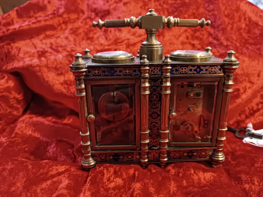 Explore our 1890's French bronze and enamel carriage clock and barometer combo. Features 8-day movement, includes key. Mint condition. Collect yours today!