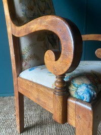 Antique 19thC. Regency Period Elbow Chair With vtg French Linen Print Upholstery