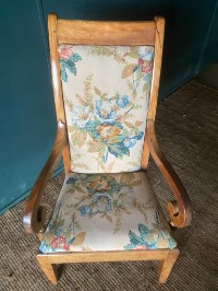 Antique 19thC. Regency Period Elbow Chair With vtg French Linen Print Upholstery