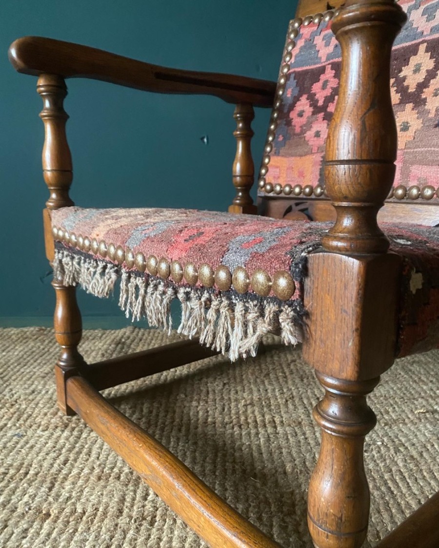 Antique Arts & Crafts Metamorphic Monks Seat Coffee Table Chair Kilim Upholstery