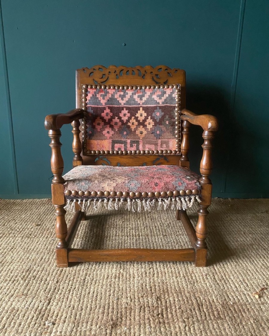 Antique Arts & Crafts Metamorphic Monks Seat Coffee Table Chair Kilim Upholstery