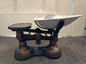 Discover our rare collection of early 1900's antique cast iron scales, masterfully repainted by H. Webb & Co Birmingham. Includes weights, in excellent condition. Shop now!