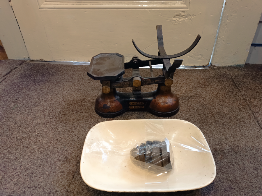 Discover our rare collection of early 1900's antique cast iron scales, masterfully repainted by H. Webb & Co Birmingham. Includes weights, in excellent condition. Shop now!